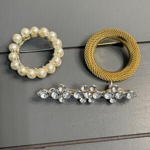 Vintage Brooch Lot – Set of 3 (Pearl, Gold, Rhinestone) Unmarked